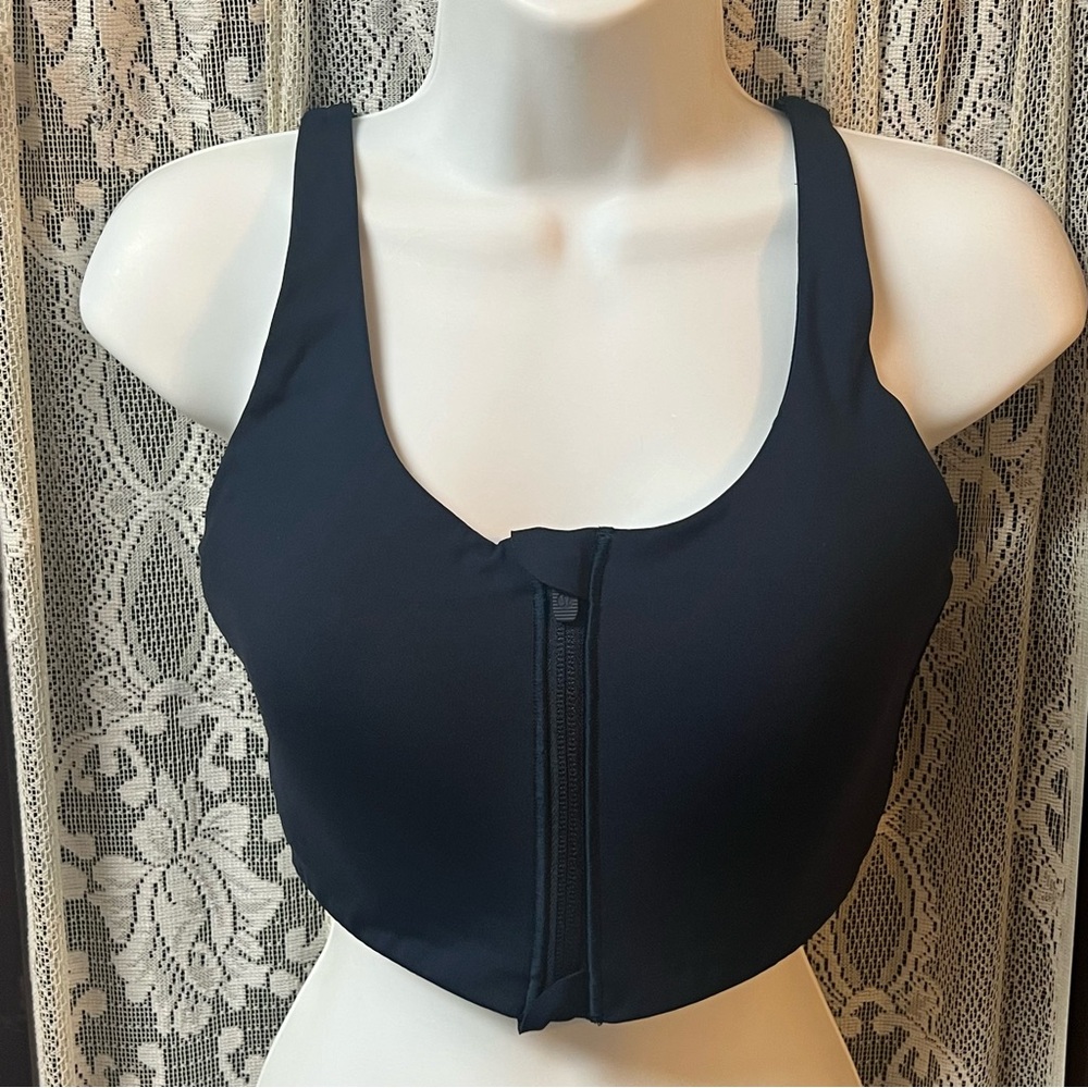 LULULEMON Dark Navy Zip Front Sports Bra Strappy Back Medium Support No Size Tag - Picture 2 of 16